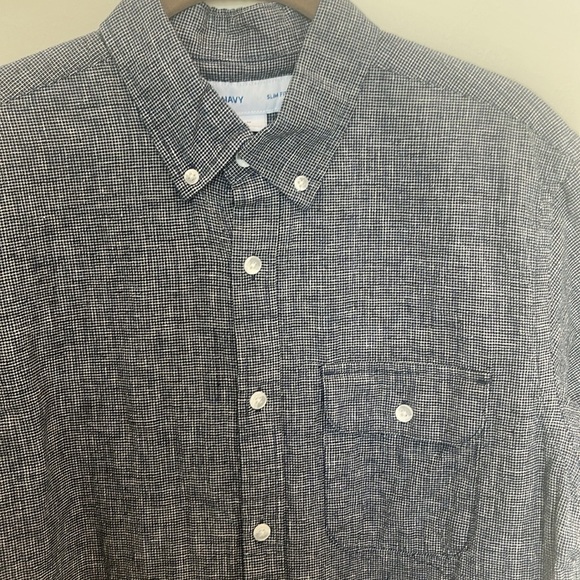 Old Navy Mens Size Medium Navy Blue White Cotton Linen Short Sleeve Slim Shirt - Picture 3 of 5